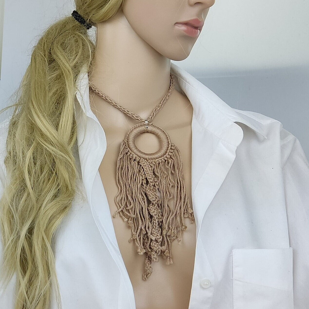 Olive Green Crochet Pendant Necklace - Handmade Boho Fringe Statement Jewelry