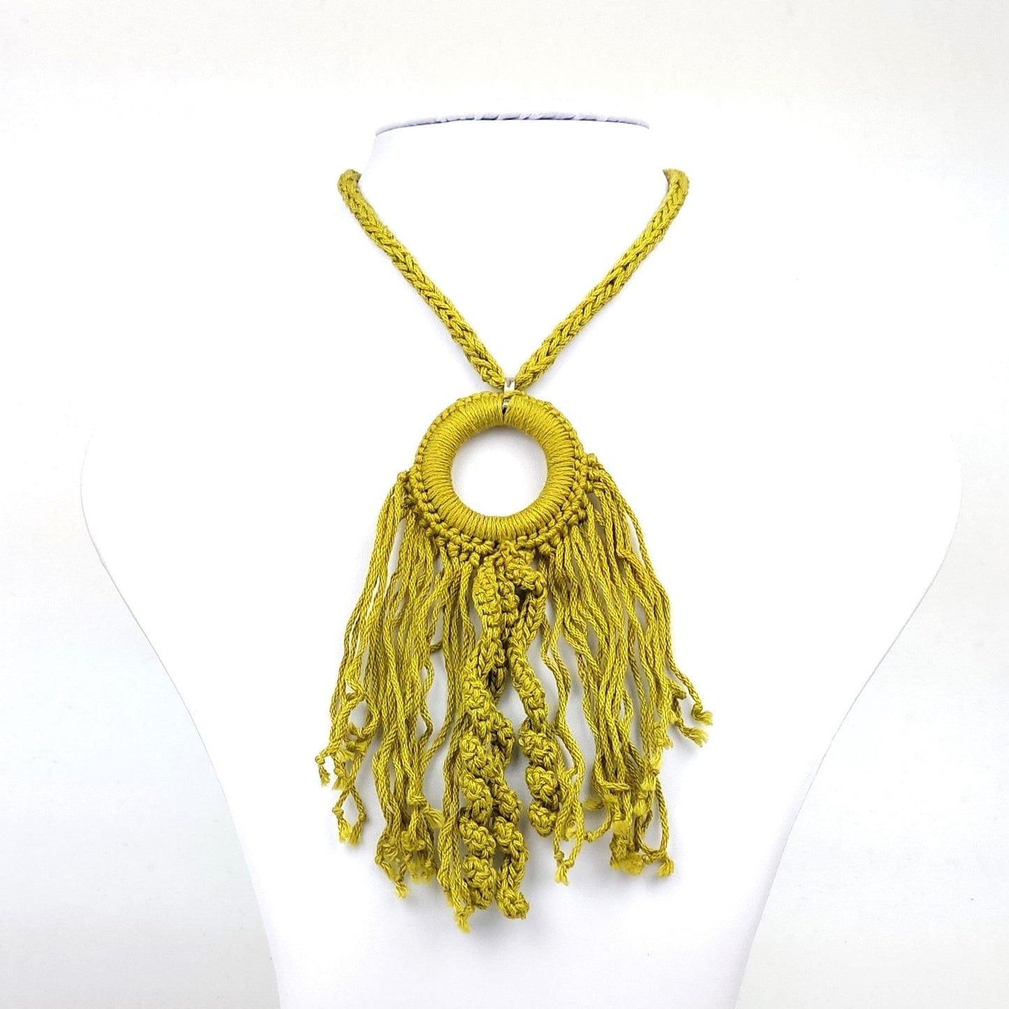 Crochet Pendant Necklace: Blue Boho Fringe Statement Jewelry