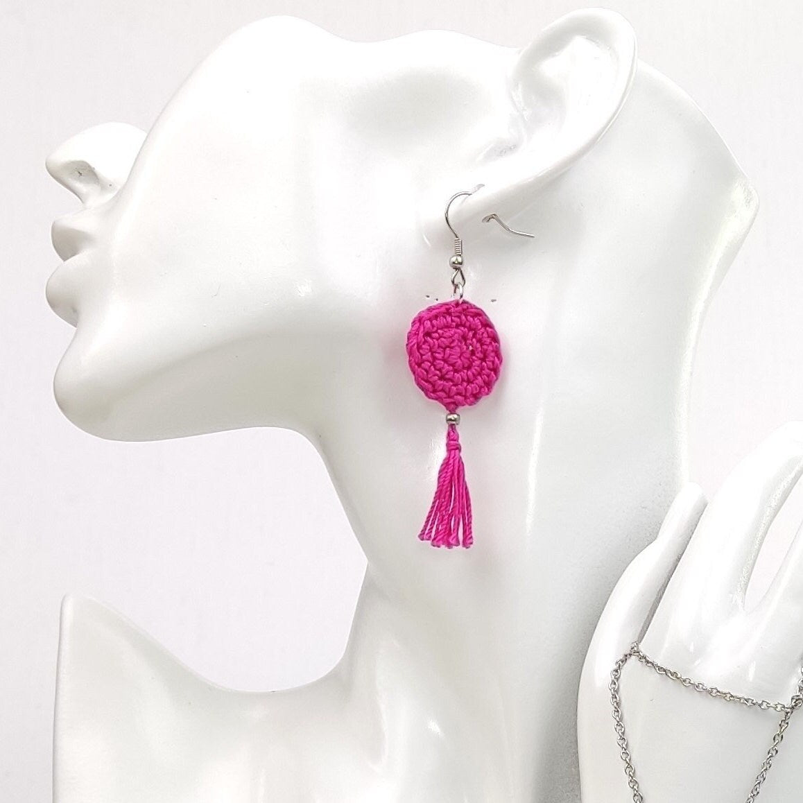 Light Pink Crochet Tassel Earrings: Elegant Boho Jewelry Gift