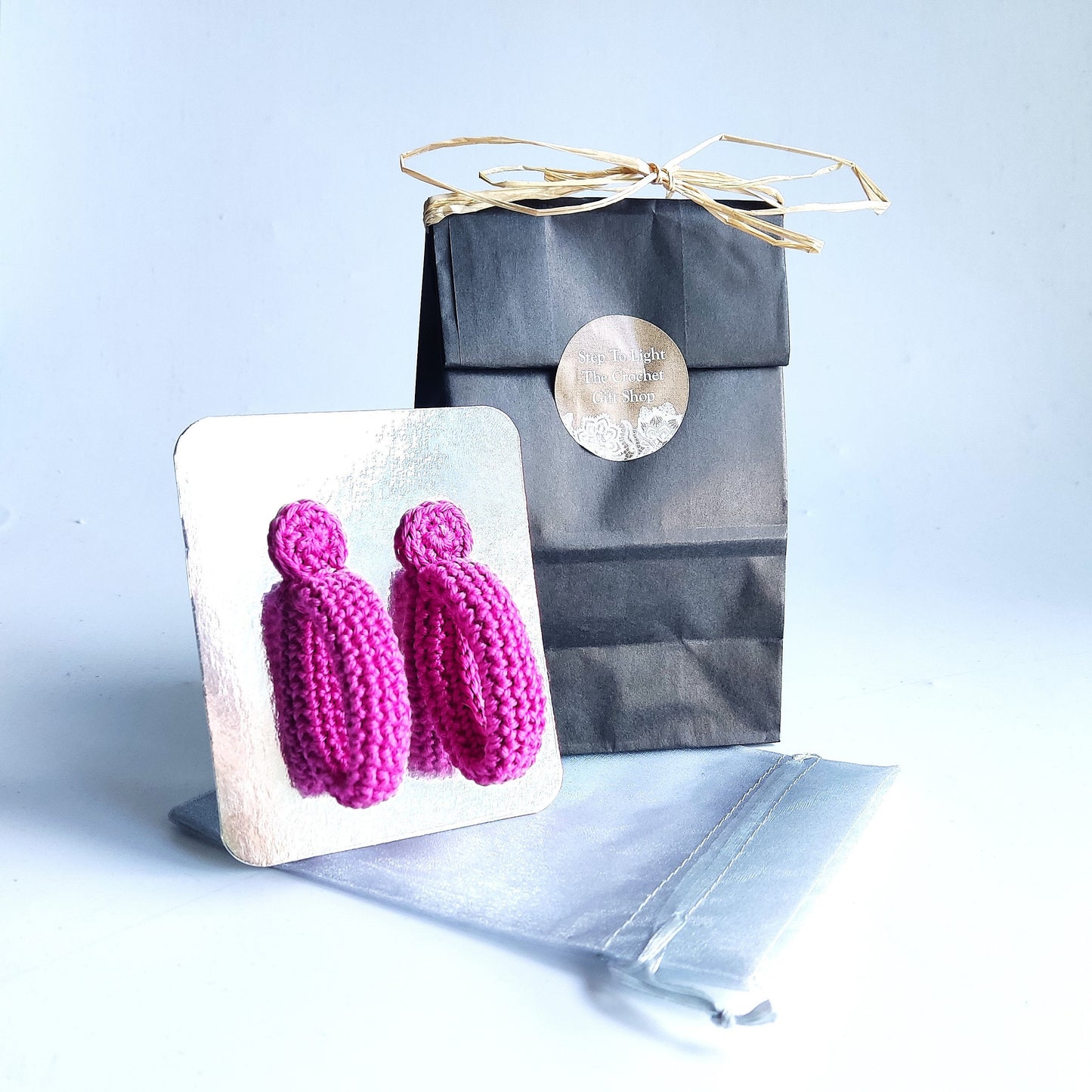 Blue Crochet Hoop Earrings: Cotton Yarn, Gold Plated Studs