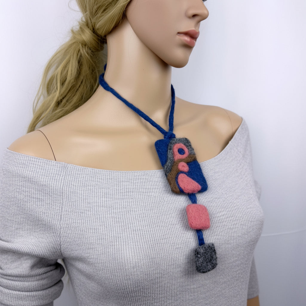 Boho Needle Felted Necklace: Abstract Blue & Pink Pendant