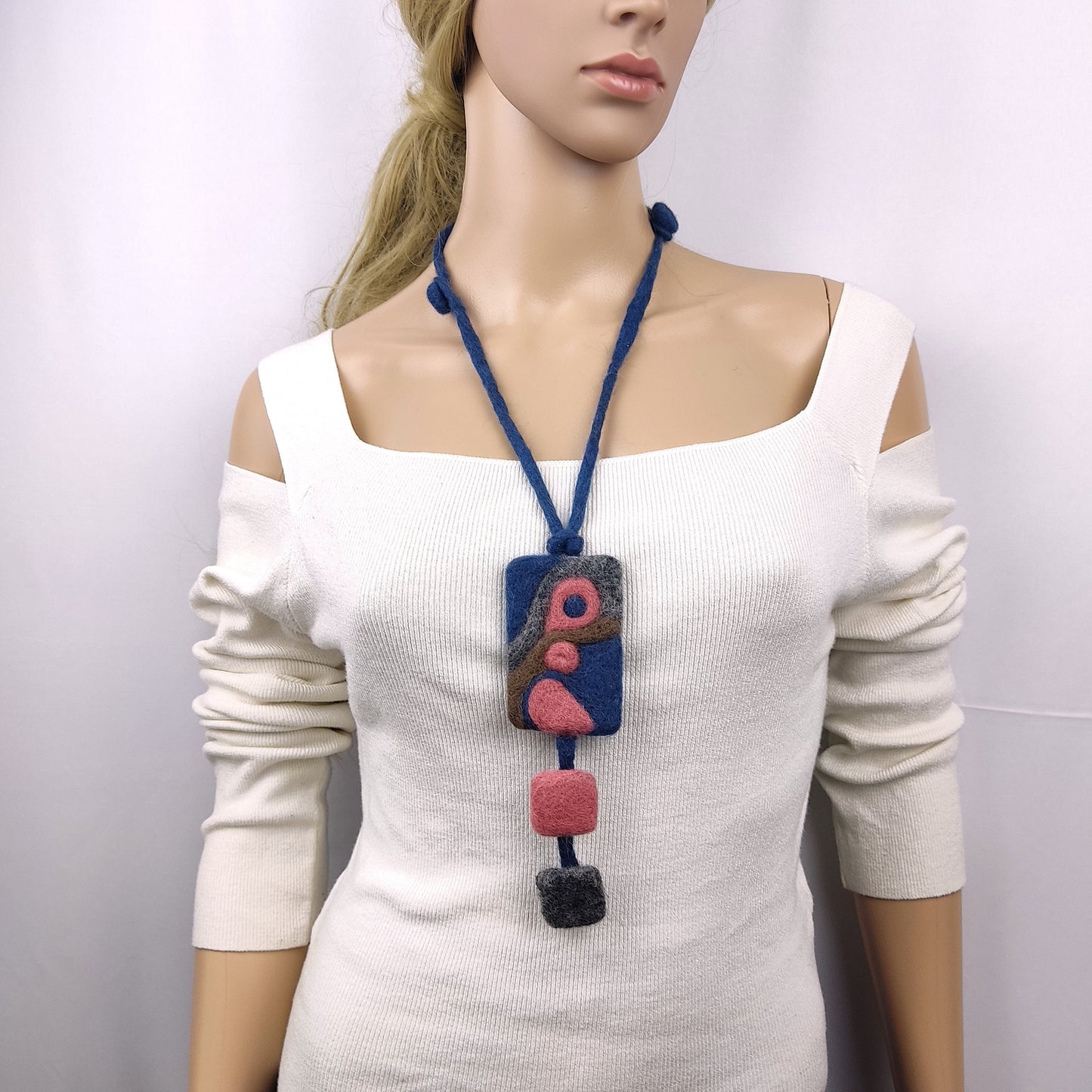 Boho Needle Felted Necklace: Abstract Blue & Pink Pendant