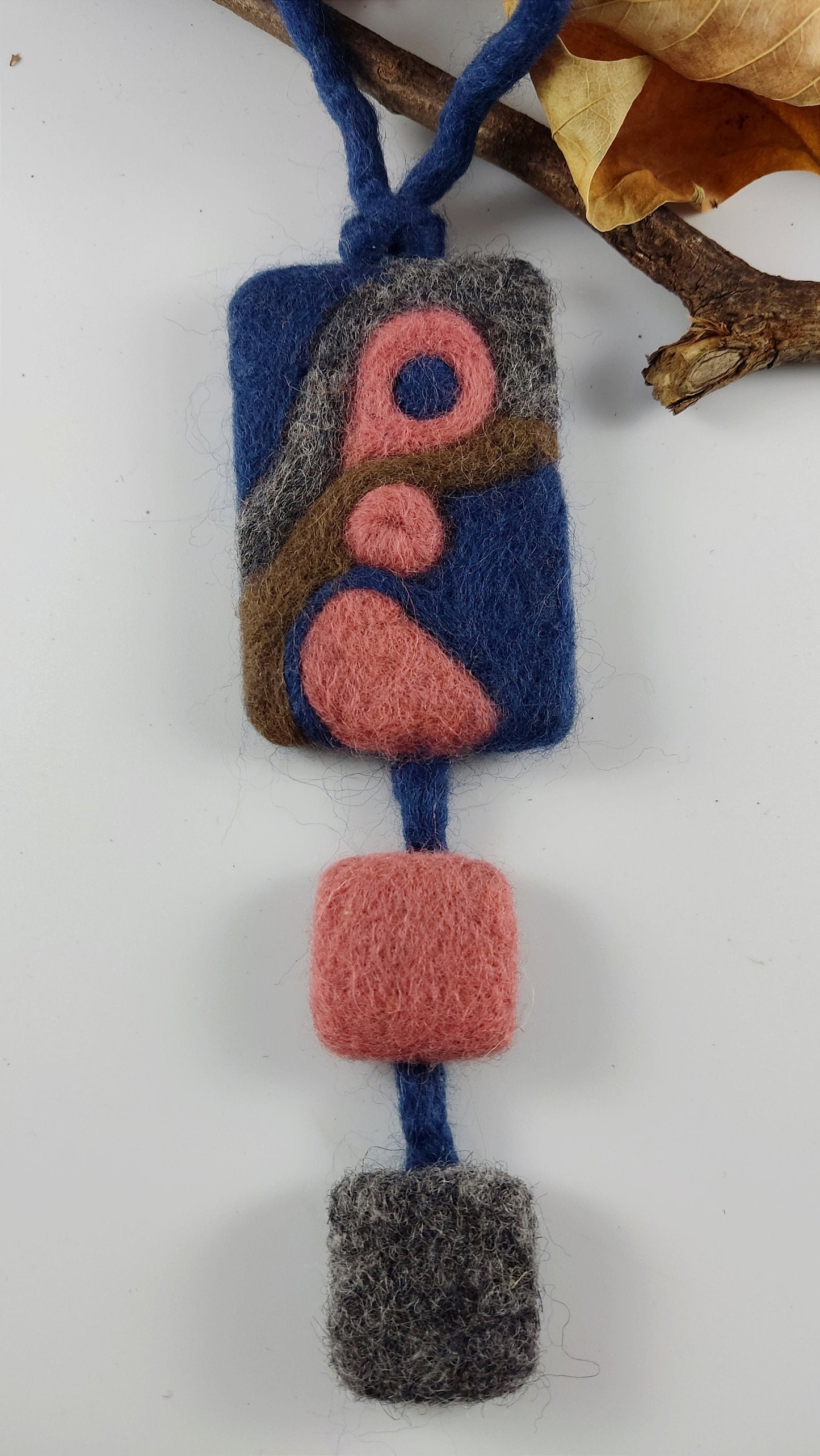 Boho Needle Felted Necklace: Abstract Blue & Pink Pendant