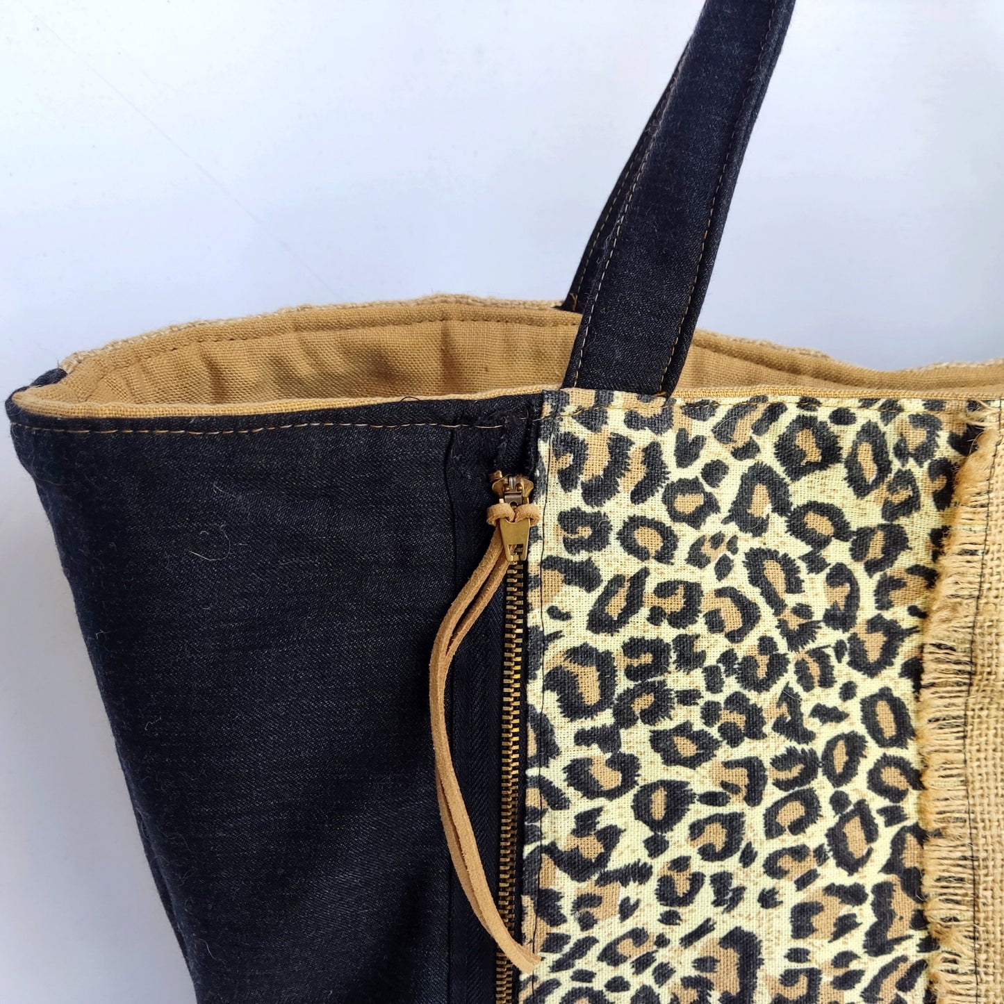 Reversible Tote Bag: Black  Leopard Print Burlap Patchwork Tote Handbag