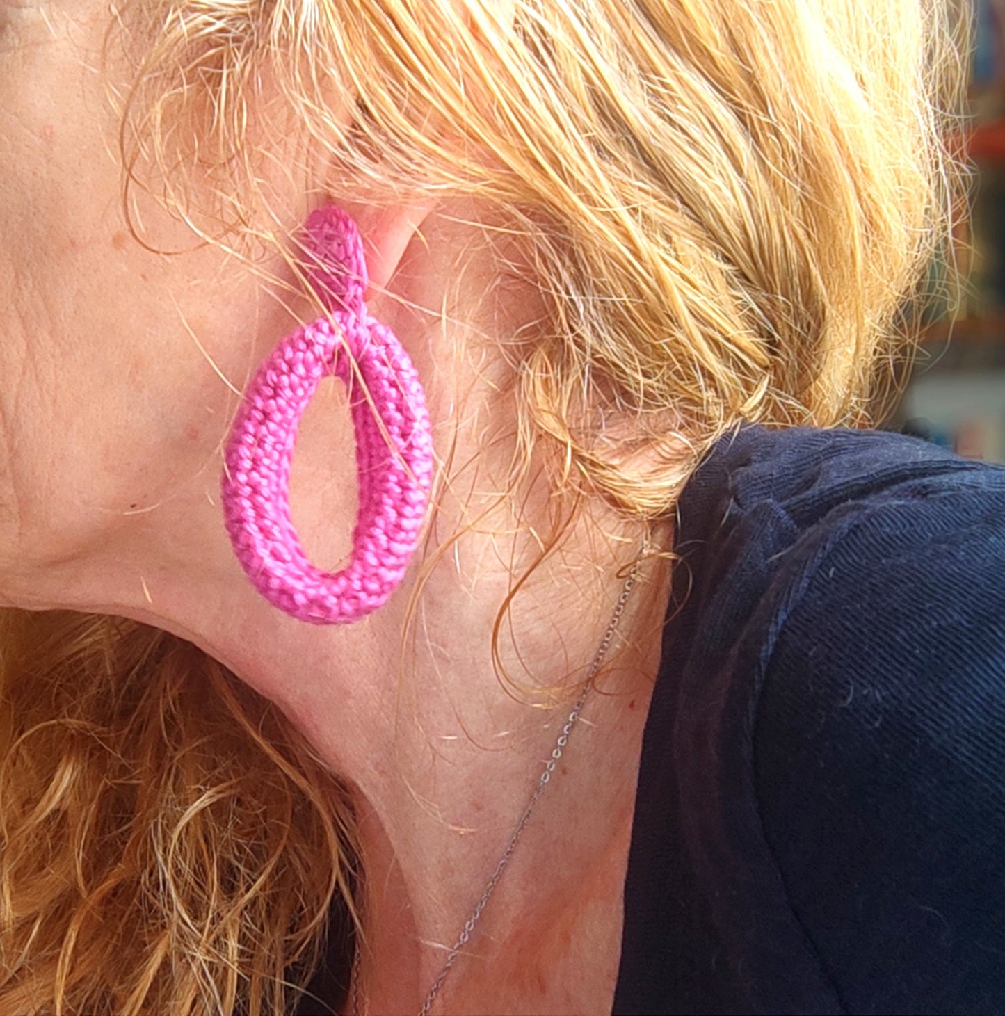 Blue Crochet Hoop Earrings: Cotton Yarn, Gold Plated Studs