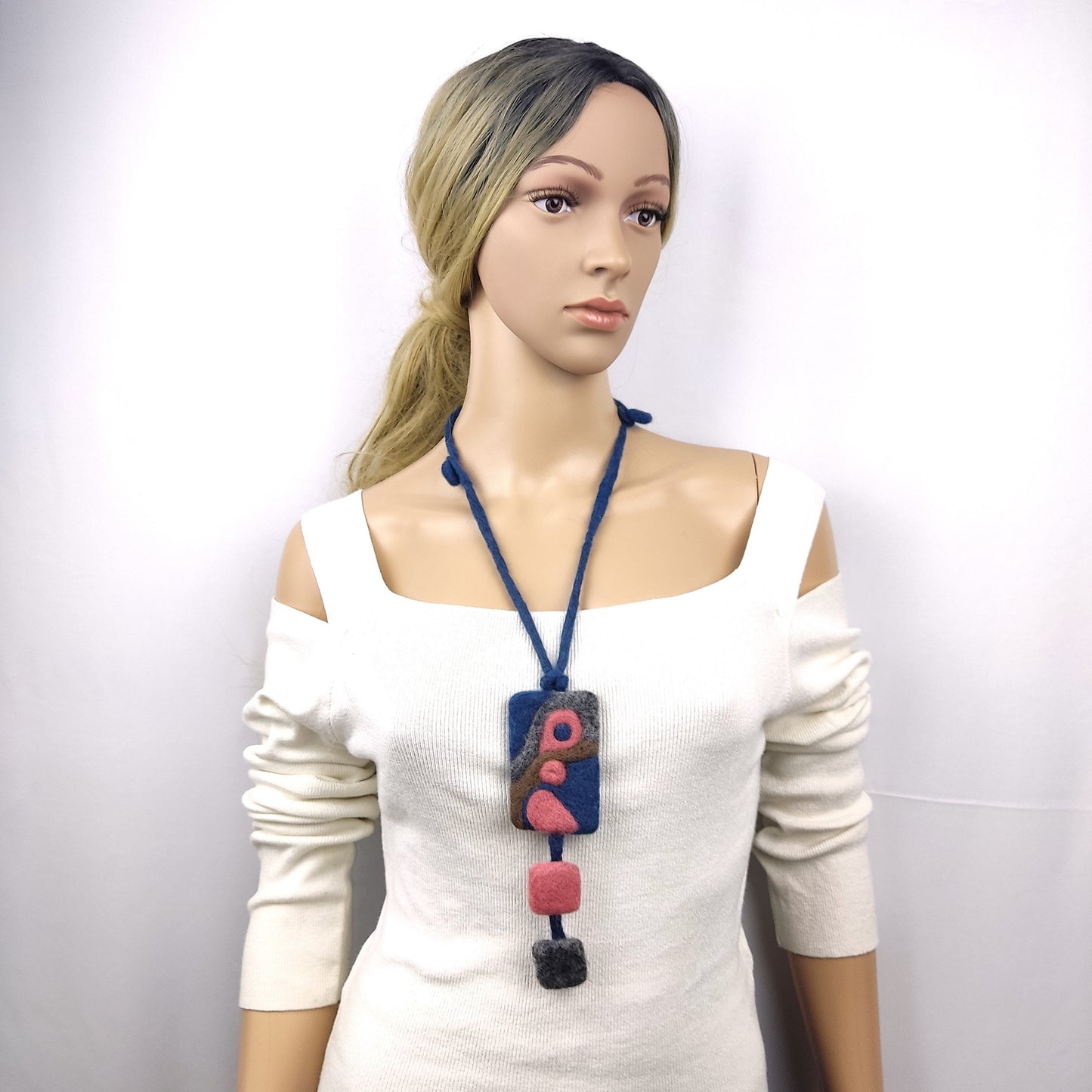 Boho Needle Felted Necklace: Abstract Blue & Pink Pendant