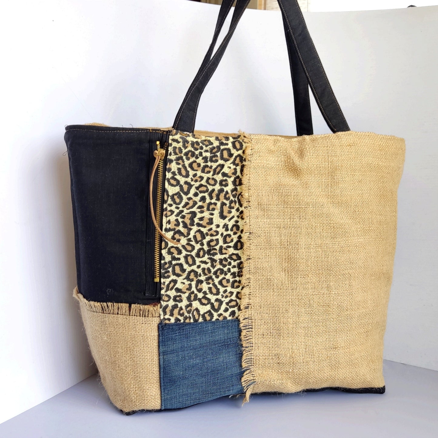 Reversible Tote Bag: Black  Leopard Print Burlap Patchwork Tote Handbag