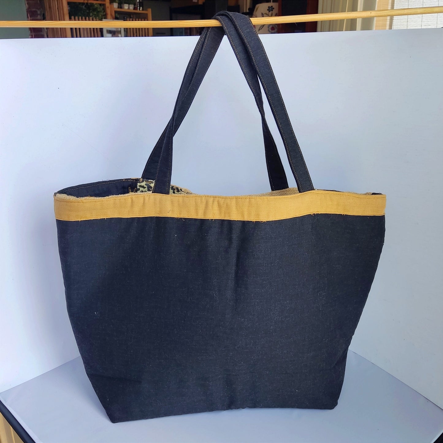Reversible Tote Bag: Black  Leopard Print Burlap Patchwork Tote Handbag