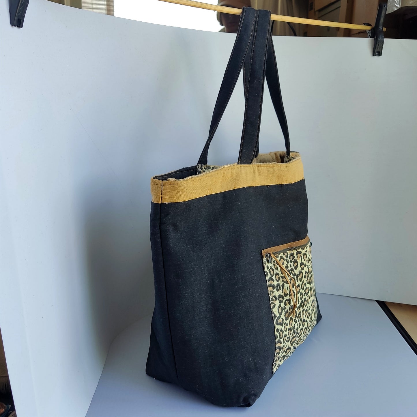 Reversible Tote Bag: Black  Leopard Print Burlap Patchwork Tote Handbag
