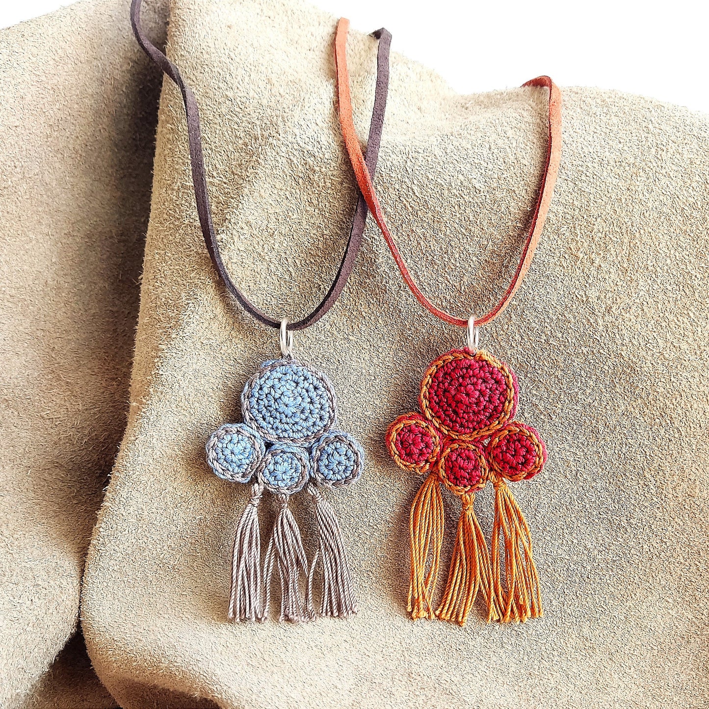 Red & Copper Brown Crochet Pendant Necklace - Ancient Greek Jewelry Inspired -Cord with Leather Strap