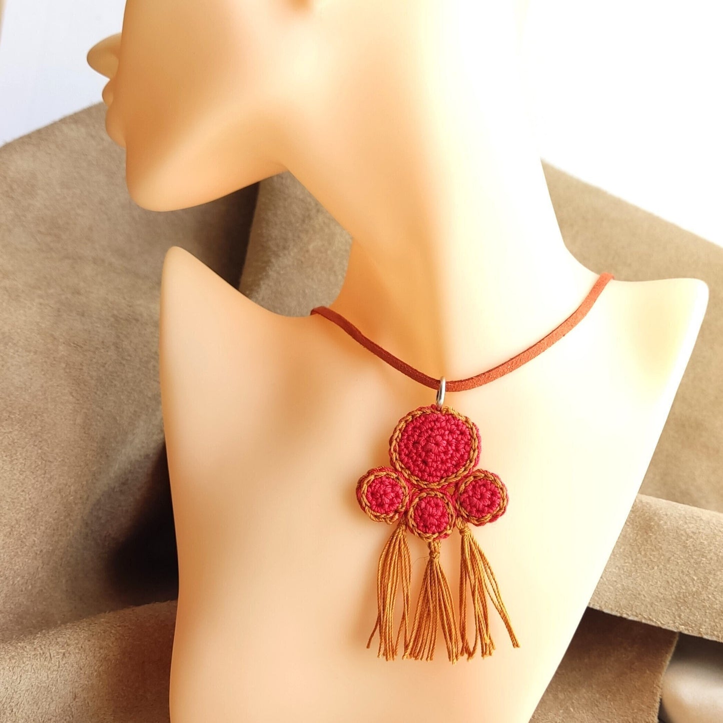 Red & Copper Brown Crochet Pendant Necklace - Ancient Greek Jewelry Inspired -Cord with Leather Strap