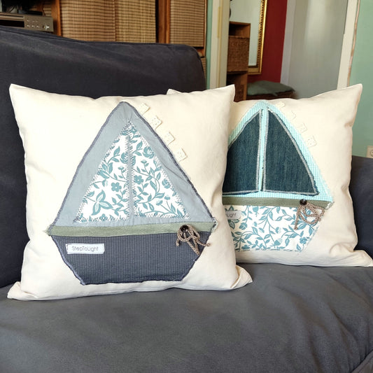 Nautical Pillow Cover Set - White Patchwork Sailing Boat Design