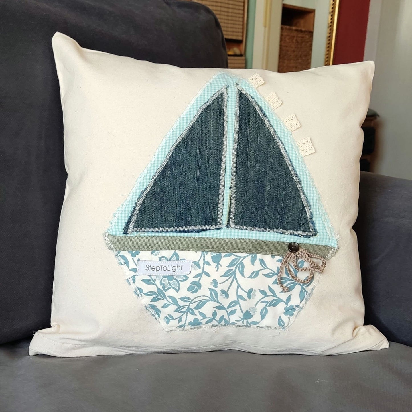 Nautical Pillow Cover Set - White Patchwork Sailing Boat Design