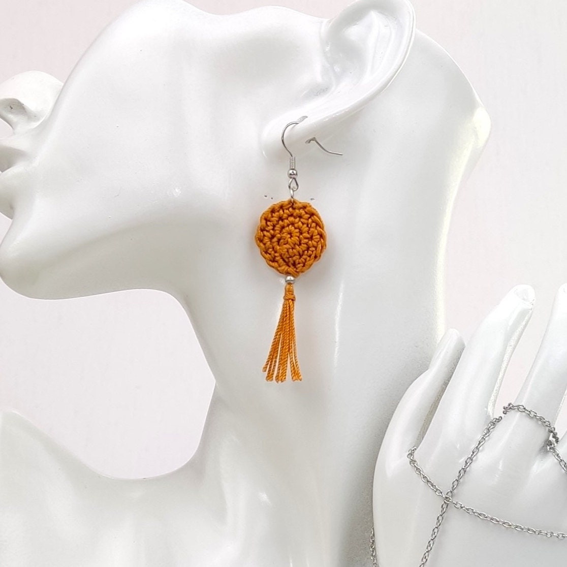 Red & Copper Brown Crochet Pendant Necklace - Ancient Greek Jewelry Inspired -Cord with Leather Strap