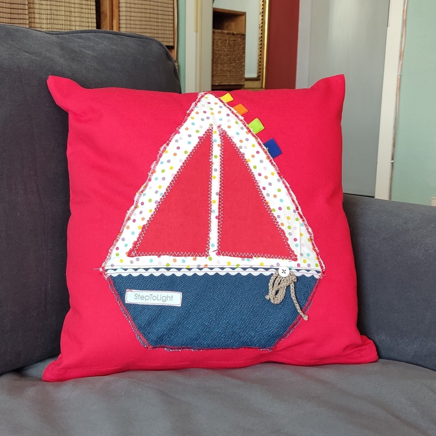 Nautical Pillow Cover Set - Red White Patchwork Sailing Boat Decor