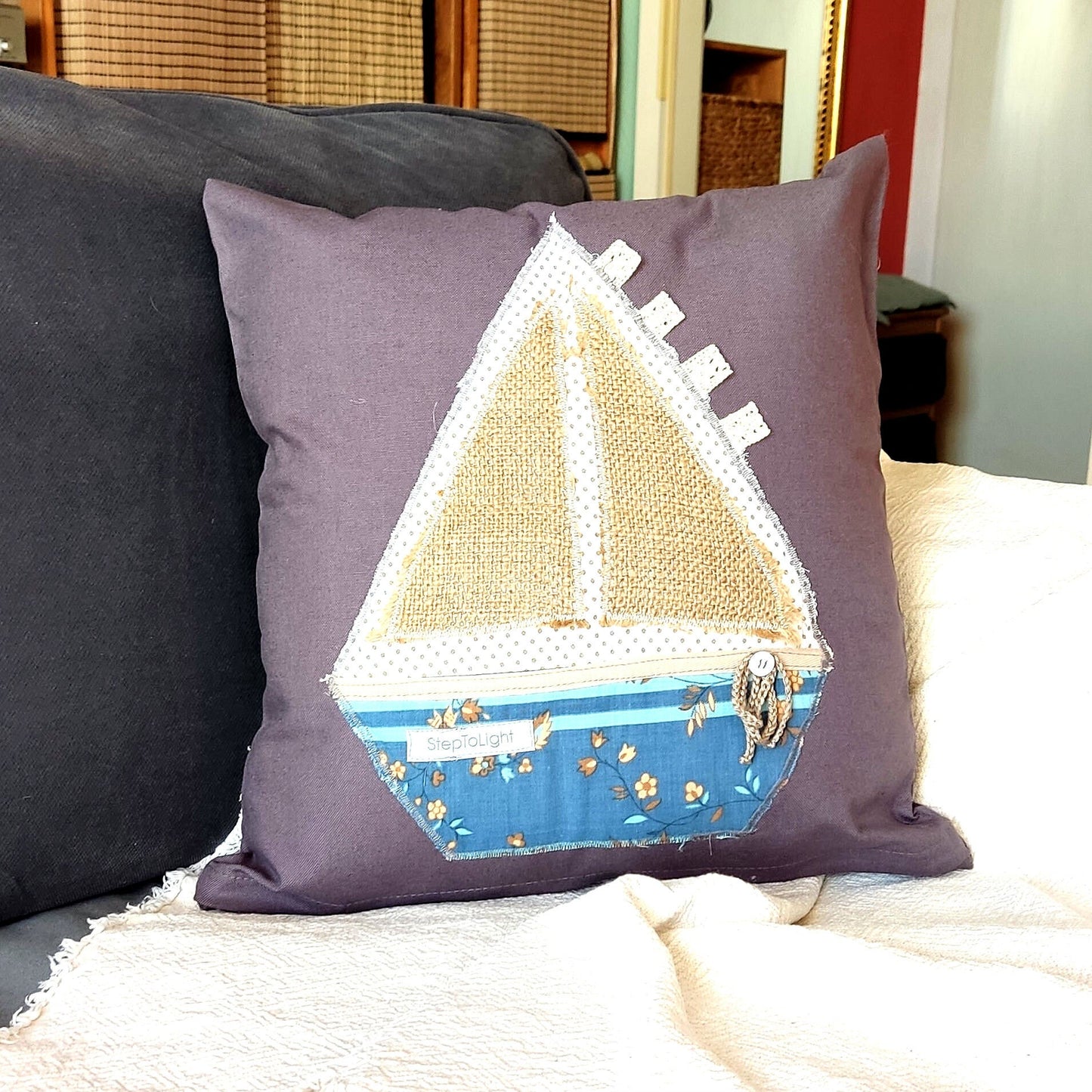 Nautical Pillow Cover Set - White Gray Patchwork Sailing Boat Coastal Decor