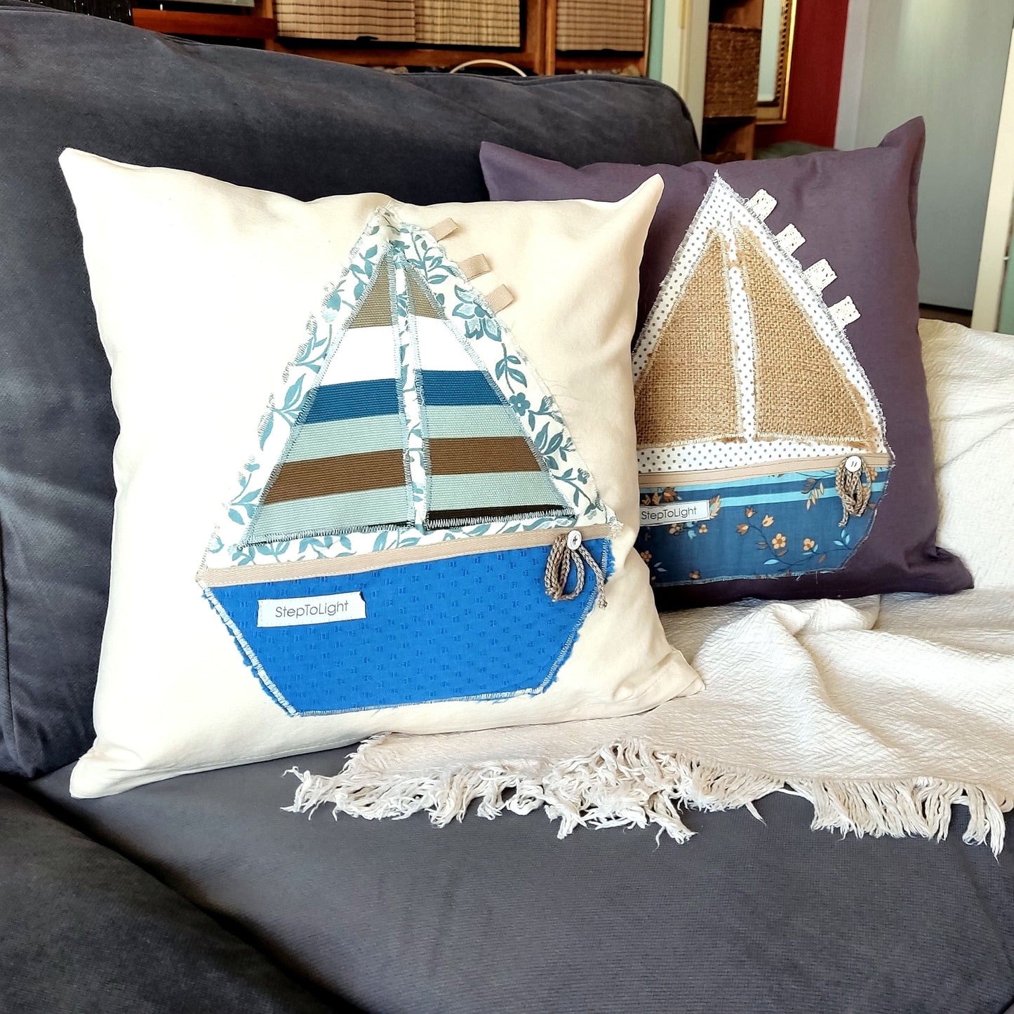 Handmade Nautical Pillow Cover - Patchwork Sailing Boat Nursery Decor