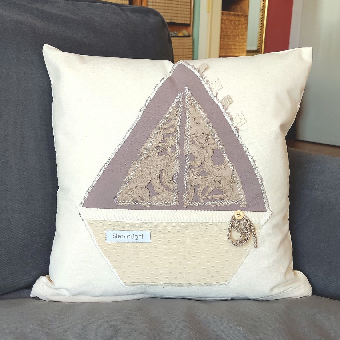 Handmade Nautical Pillow Cover: Patchwork Sailing Boat Applique (40x40 Pillow case)