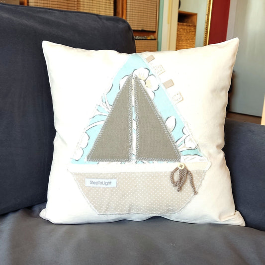Handmade Nautical Pillow Cover: Patchwork Sailing Boat Applique (40x40 Pillow case)