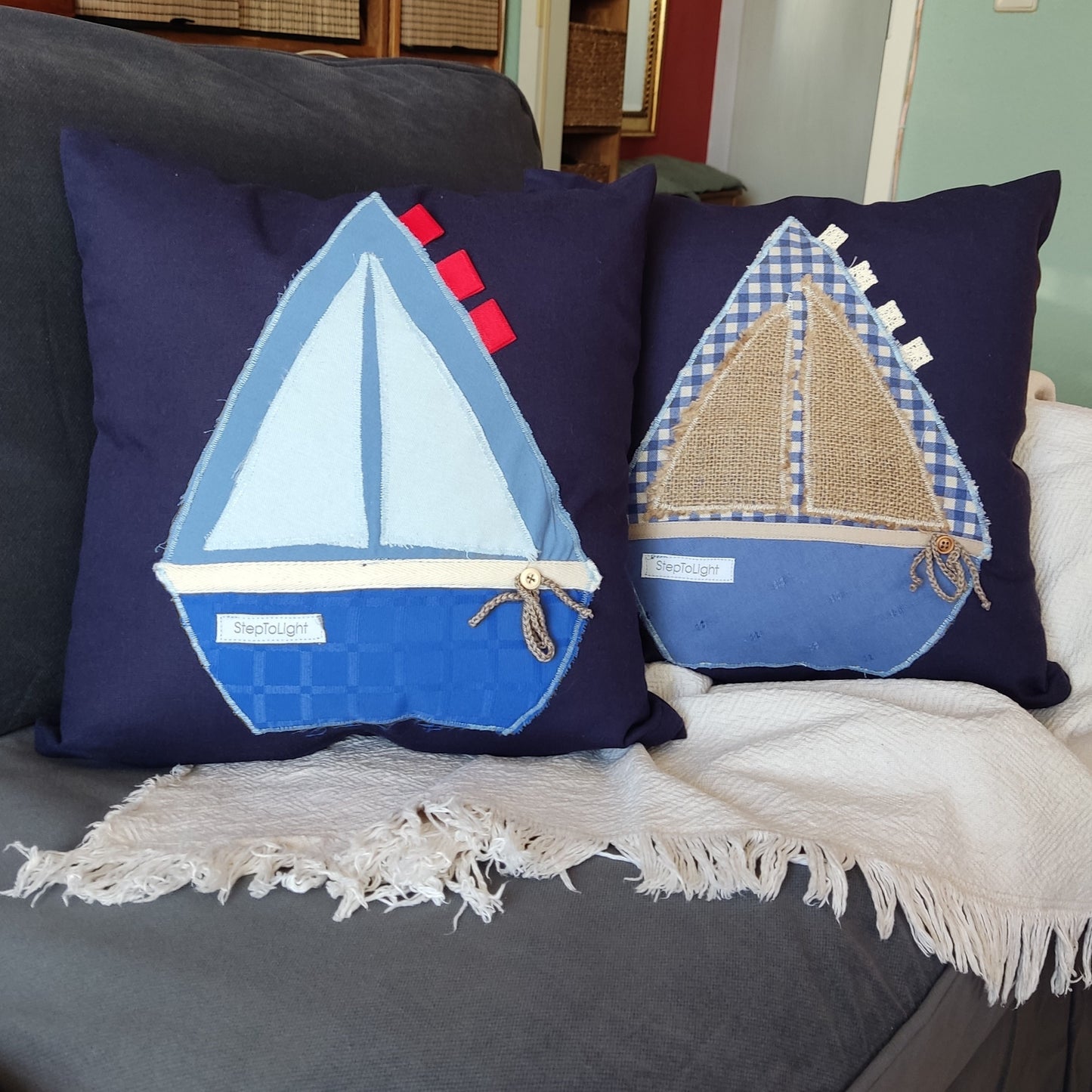 Handmade Nautical Pillow Cover: Patchwork Sailboat, Nursery Decor