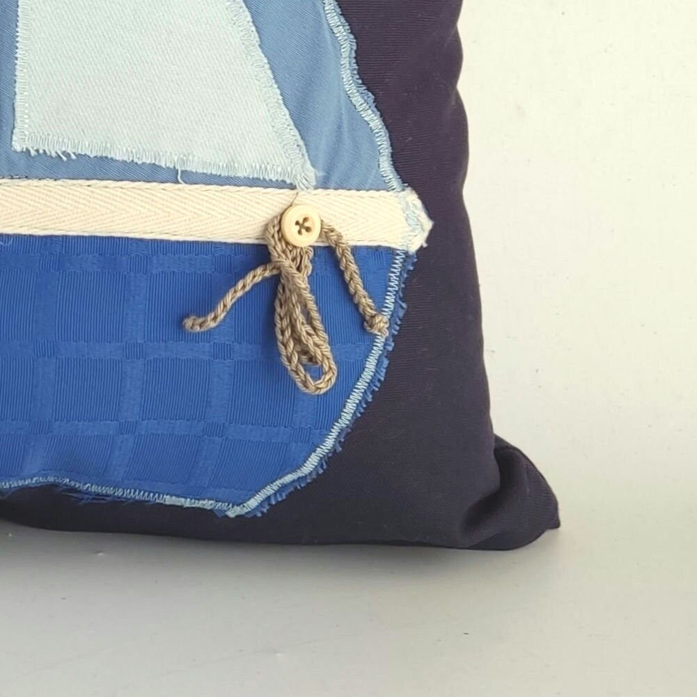 Nautical Pillow Cover Set - Navy Blue Patchwork Sailing Boat Maritime Decor
