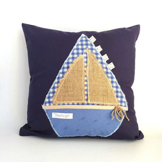 Handmade Nautical Pillow Cover: Patchwork Sailboat, Nursery Decor