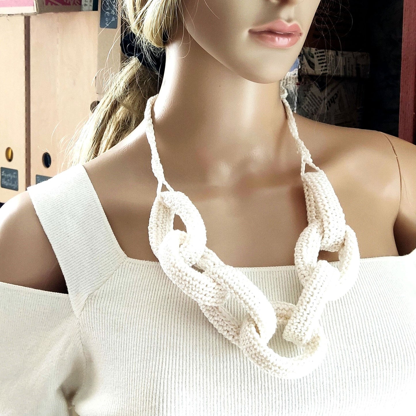 Brown Chunky Crochet Statement Necklace - Handmade Braided Cotton Jewelry