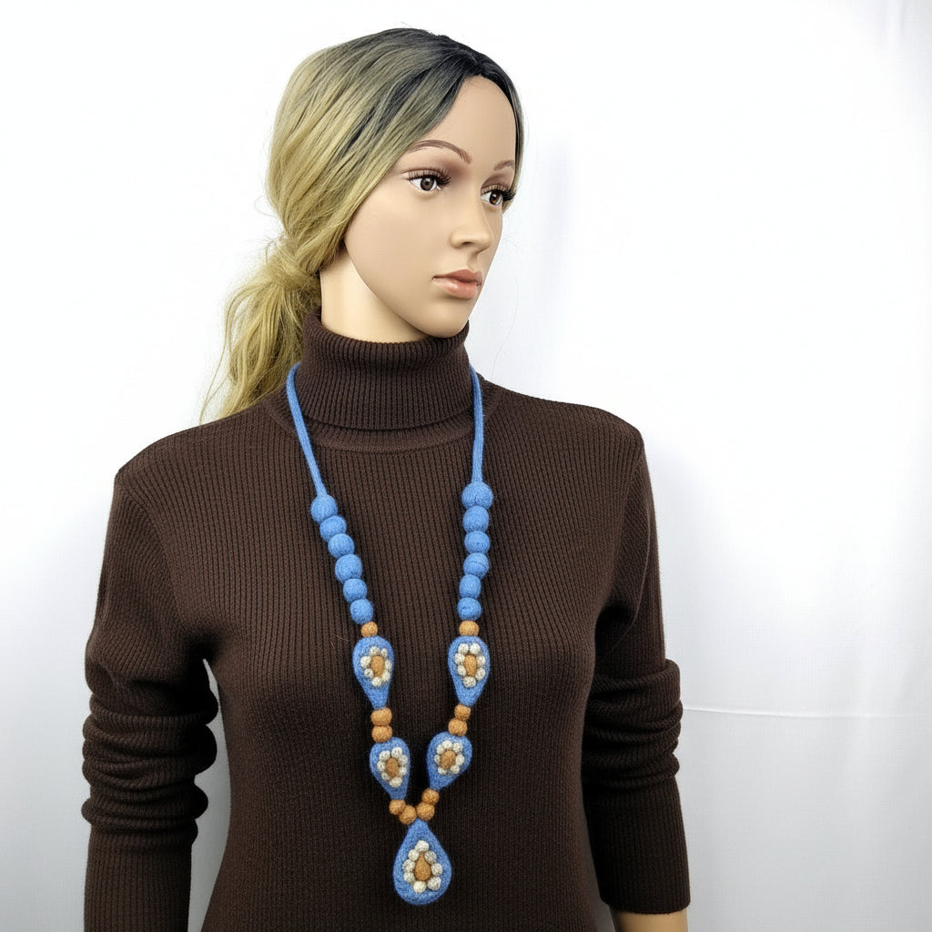 Needle Felted Blue Necklace: Merino Wool Beaded Chain, Mid-Century Style