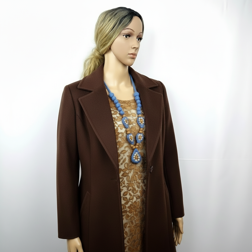 Needle Felted Blue Necklace: Merino Wool Beaded Chain, Mid-Century Style