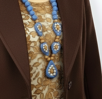 Needle Felted Blue Necklace: Merino Wool Beaded Chain, Mid-Century Style