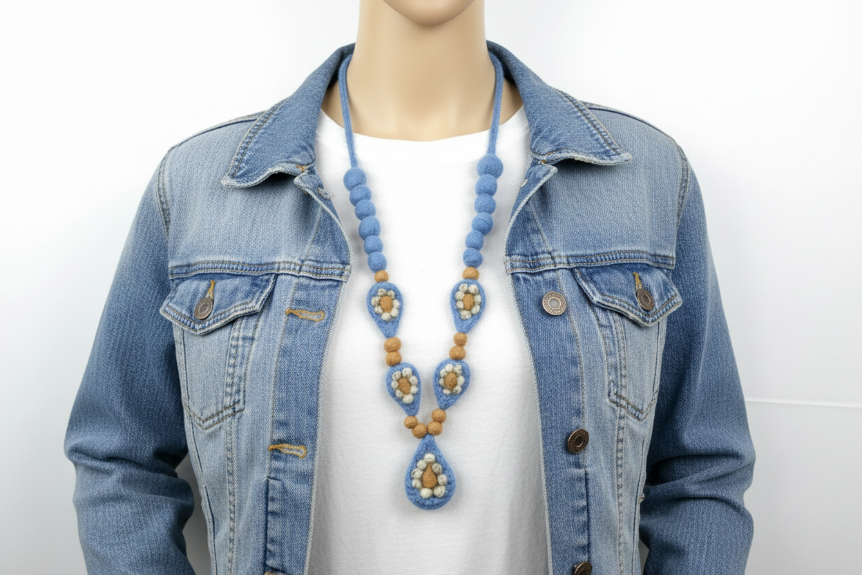 Needle Felted Blue Necklace: Merino Wool Beaded Chain, Mid-Century Style