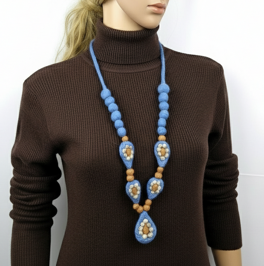 Needle Felted Blue Necklace: Merino Wool Beaded Chain, Mid-Century Style