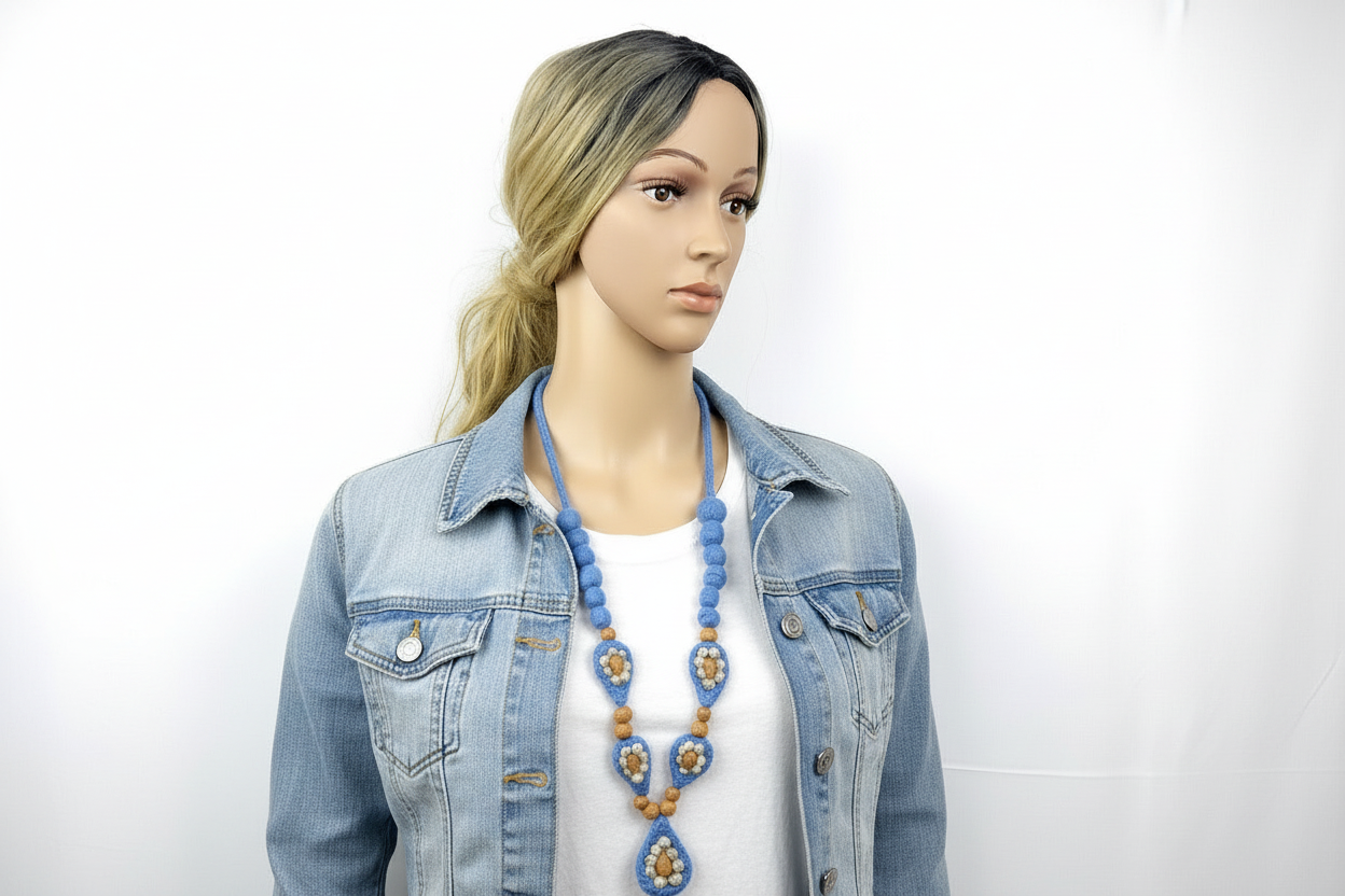 Needle Felted Blue Necklace: Merino Wool Beaded Chain, Mid-Century Style