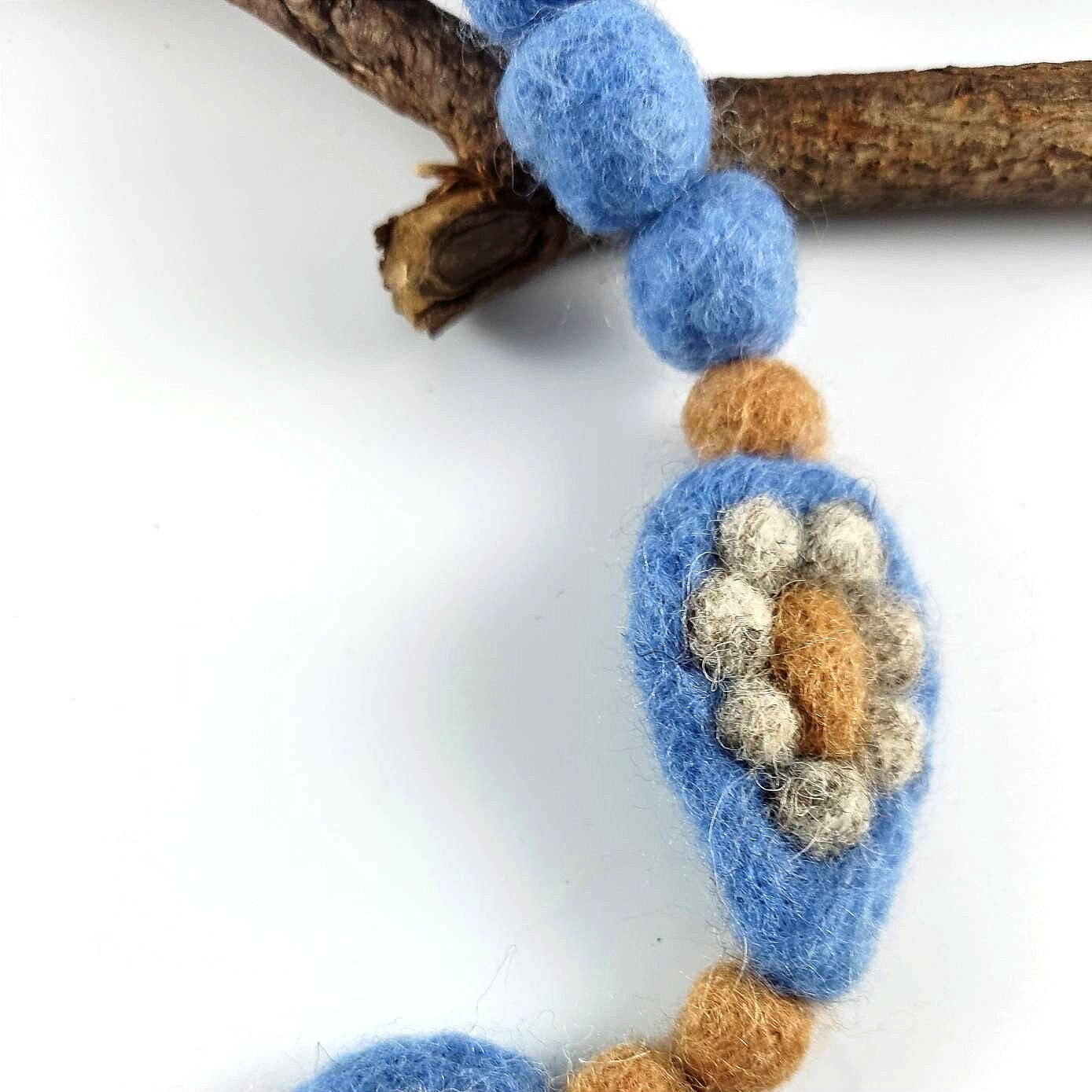Needle Felted Blue Necklace: Merino Wool Beaded Chain, Mid-Century Style