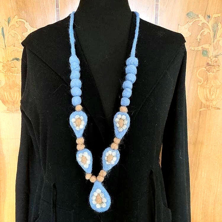Needle Felted Blue Necklace: Merino Wool Beaded Chain, Mid-Century Style
