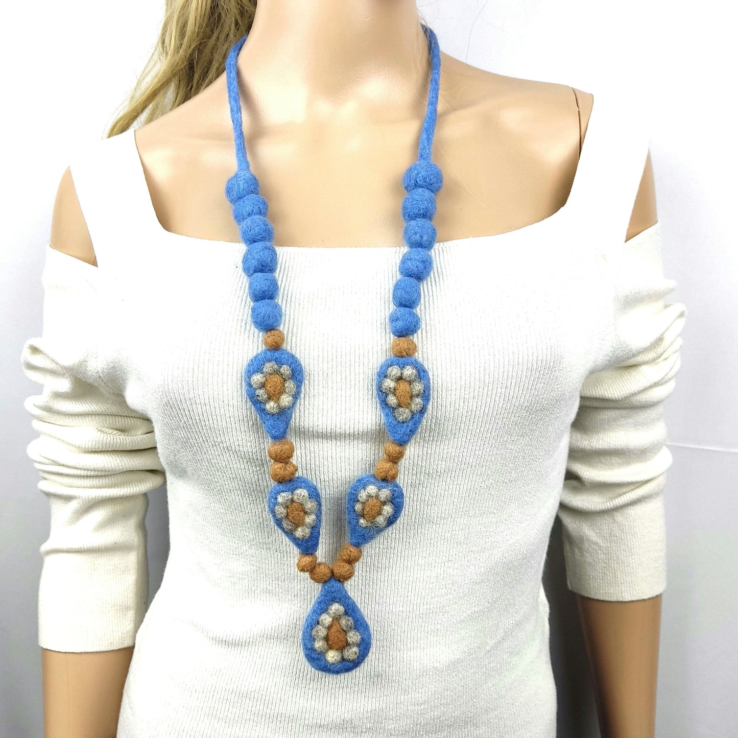Needle Felted Blue Necklace: Merino Wool Beaded Chain, Mid-Century Style