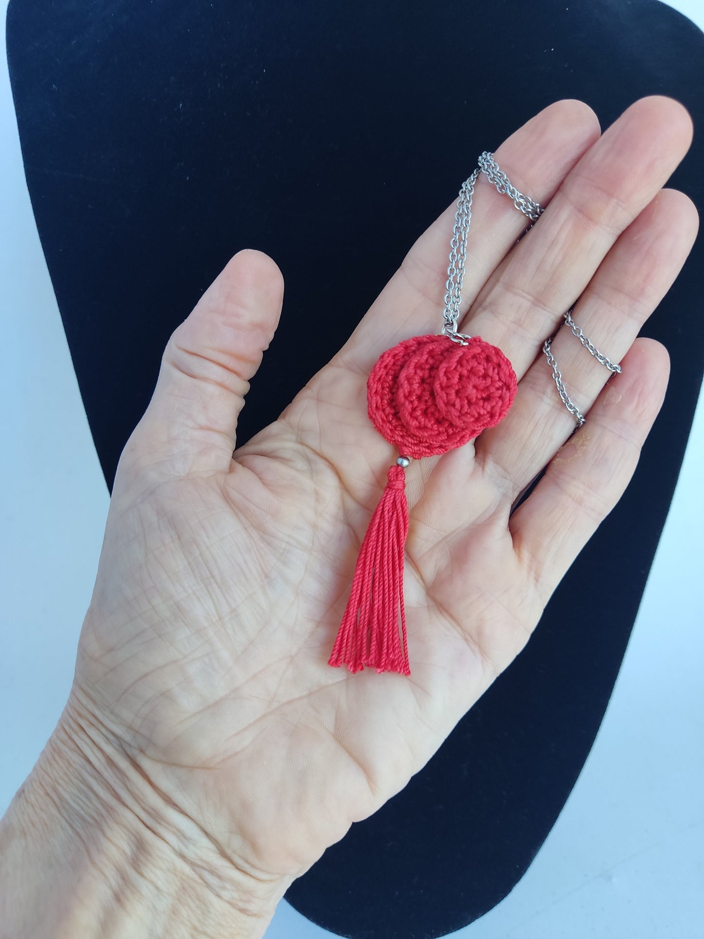 Red Crochet Jewelry Set: Handmade Tassel Necklace & Earrings - Boho Gift