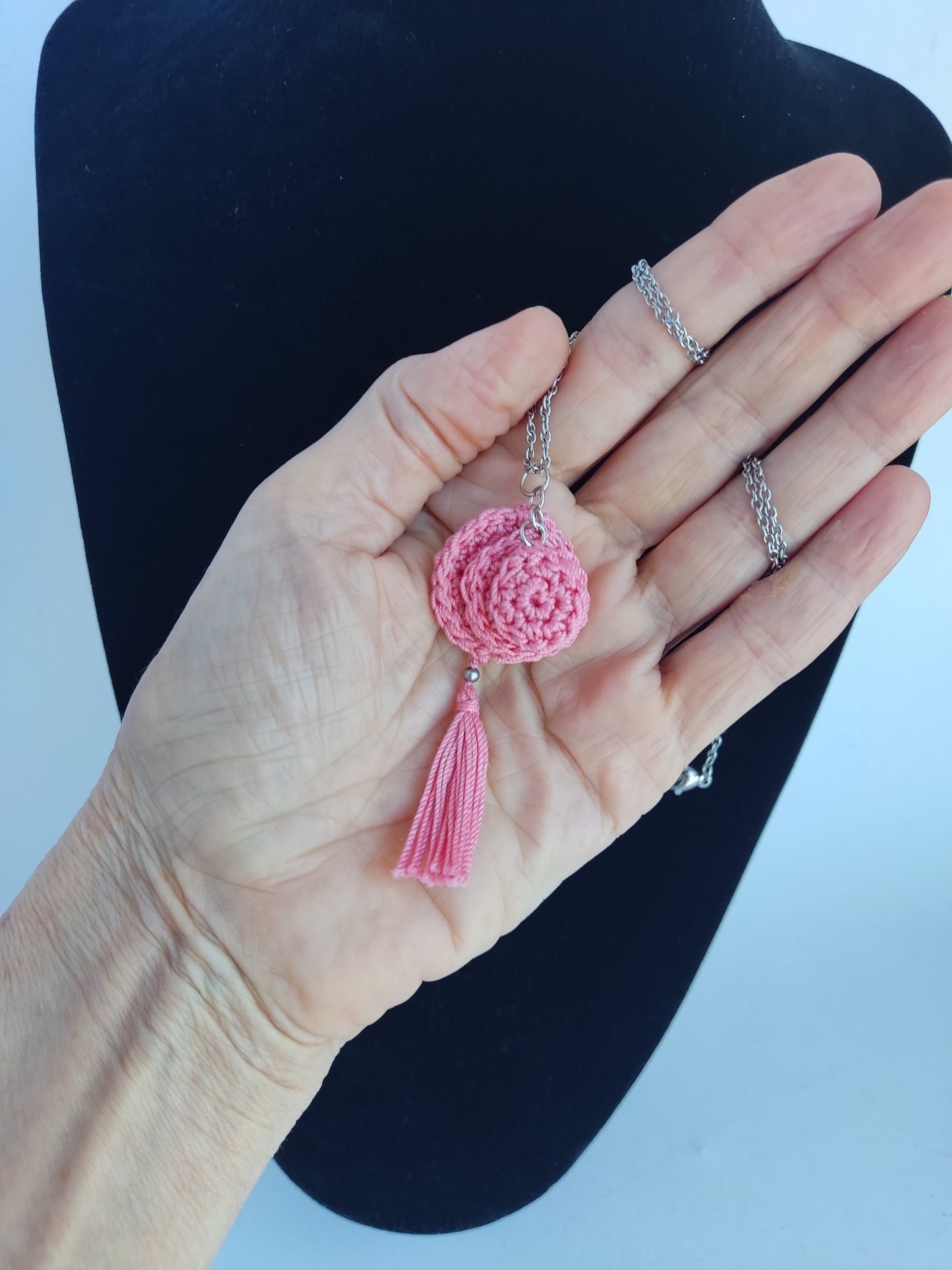 Red Crochet Pendant Necklace - Handmade Boho Tassel Statement Jewelry