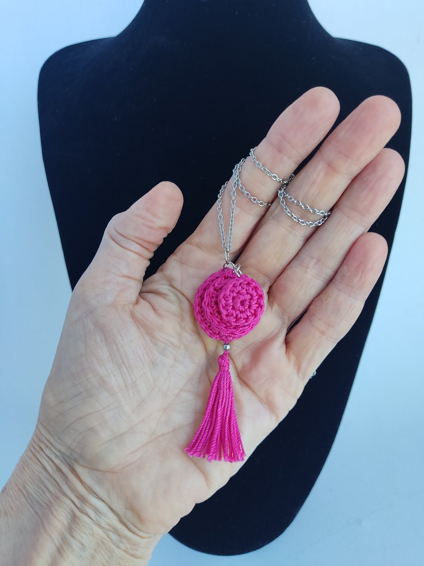 Red Crochet Pendant Necklace - Handmade Boho Tassel Statement Jewelry