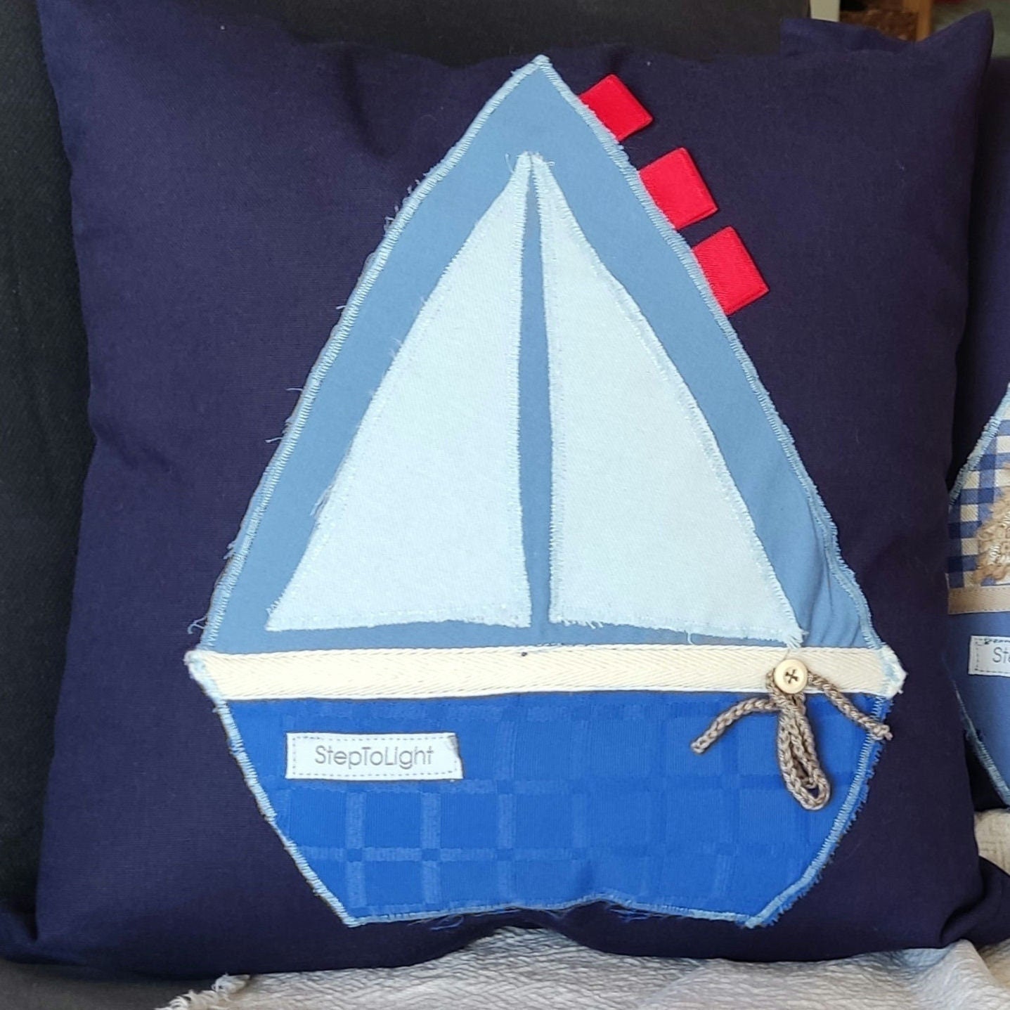 Handmade Nautical Pillow Cover: Patchwork Sailboat, Nursery Decor