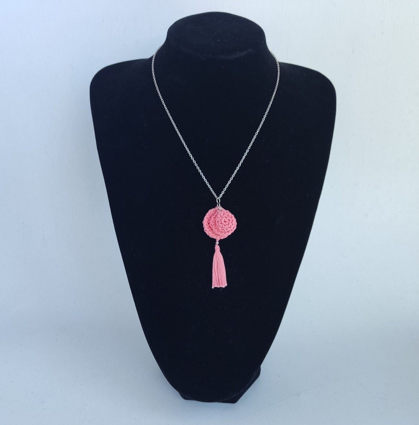Pink Crochet Pendant Necklace - Handmade Boho Tassel Statement Jewelry