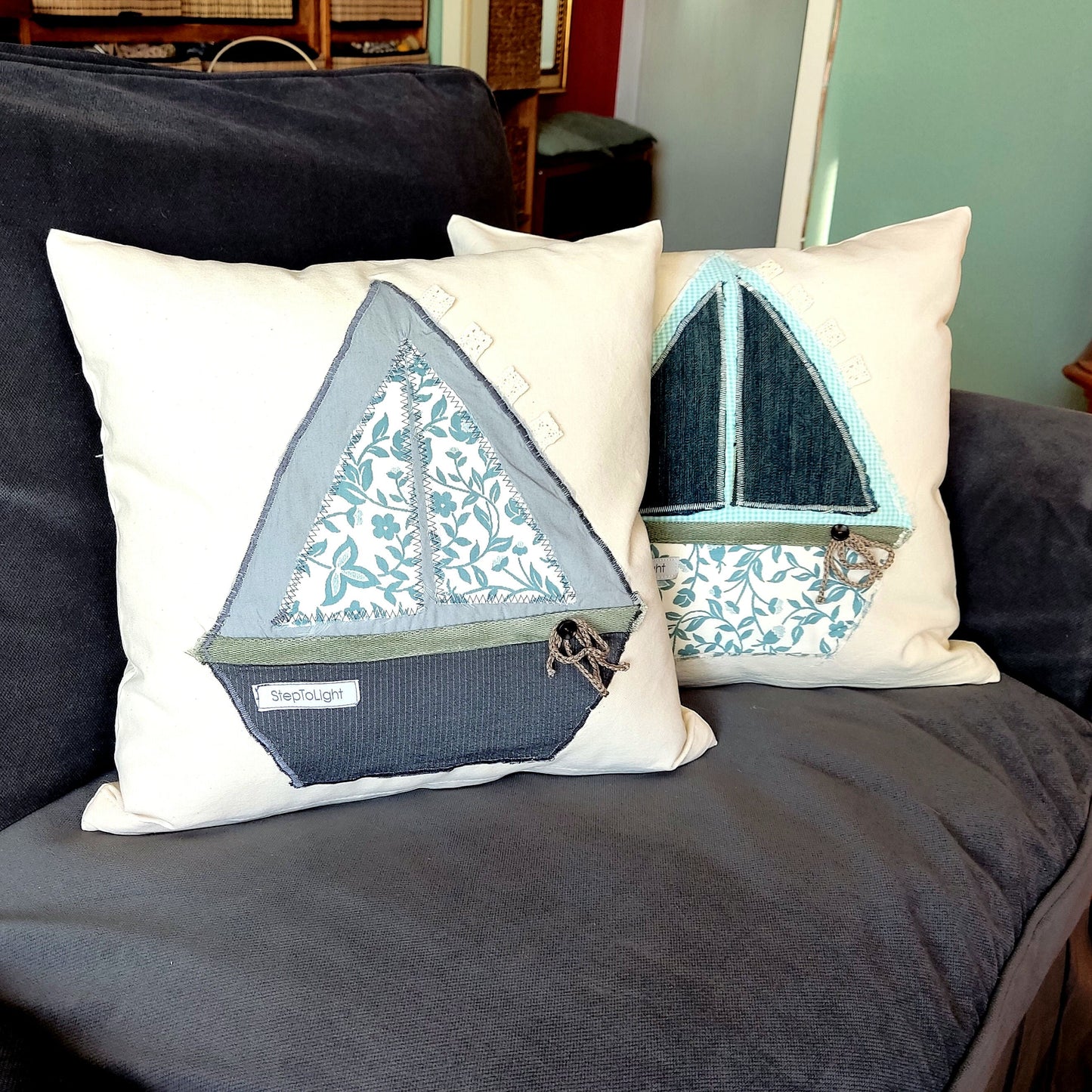 Nautical Pillow Cover Set - White Patchwork Sailing Boat Design