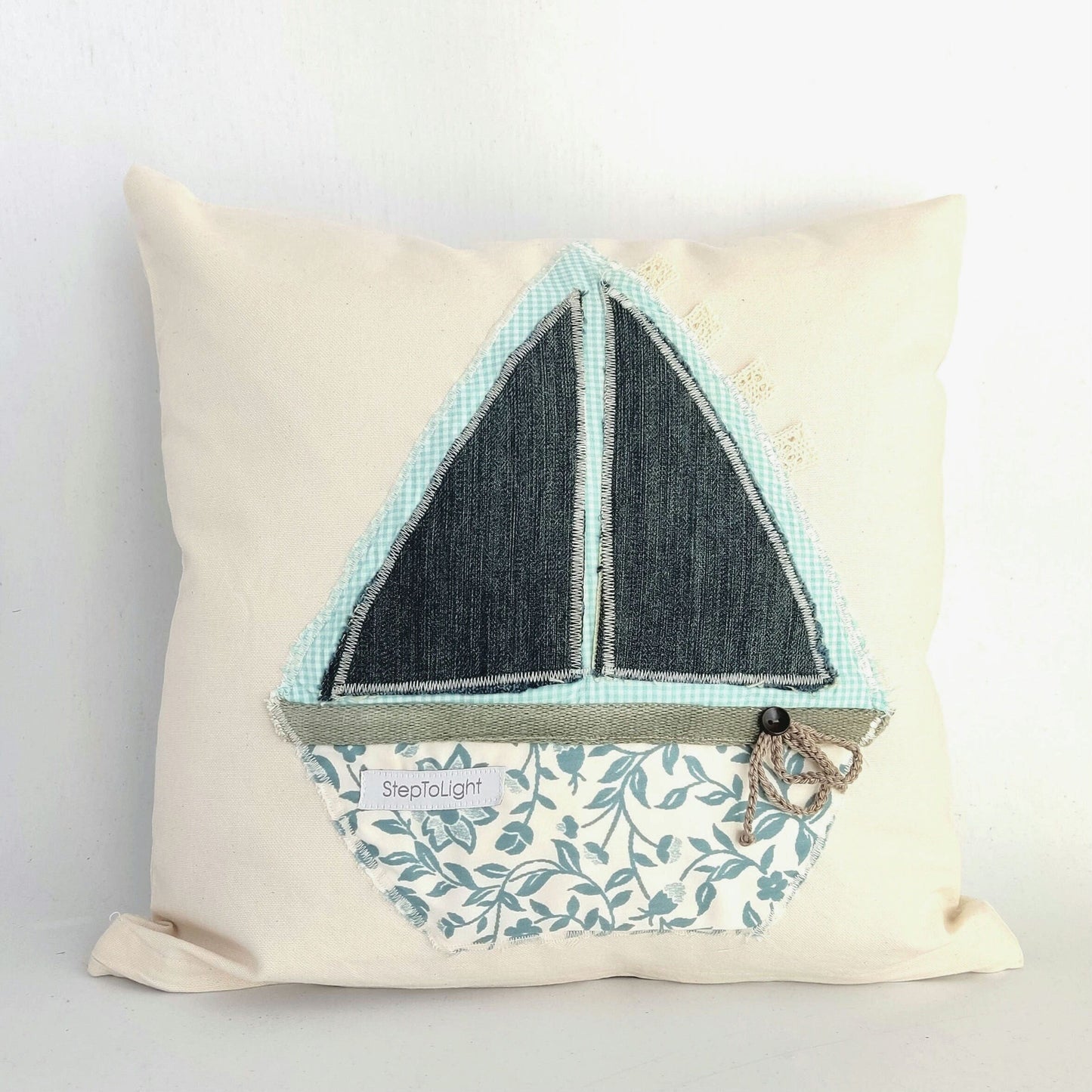 Nautical Pillow Cover Set - White Patchwork Sailing Boat Design