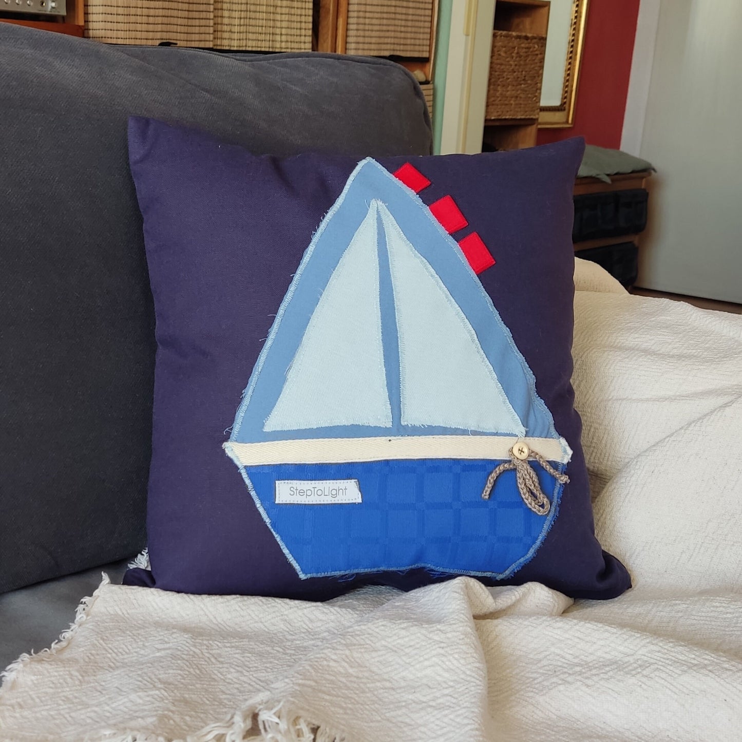Handmade Nautical Pillow Cover: Patchwork Sailboat, Nursery Decor