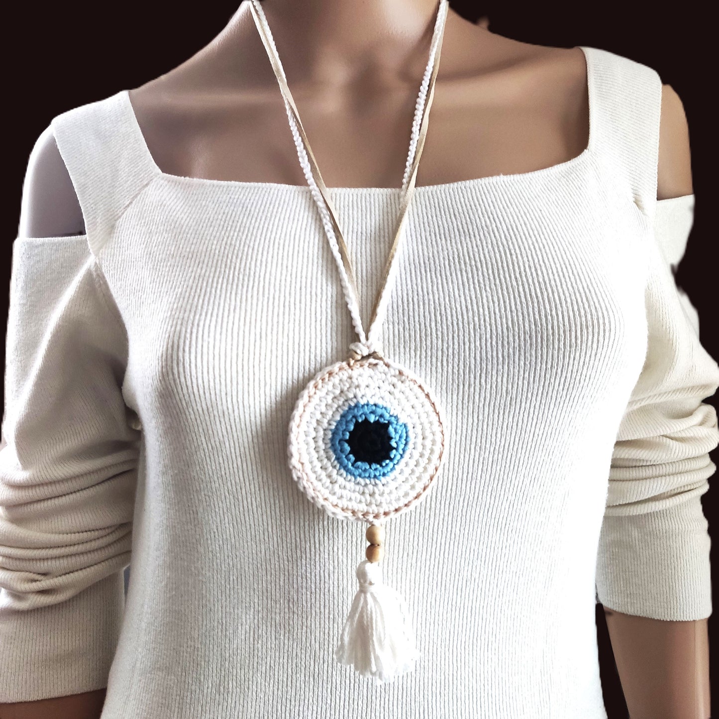 Chocolate Brown Crochet Evil Eye Pendant Necklace - Boho Tassel Leather Strap, Protection Jewelry