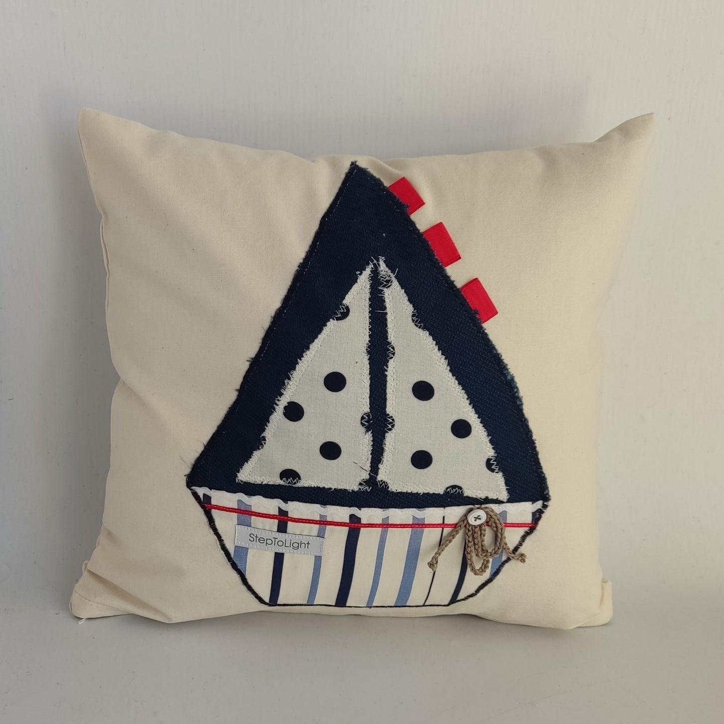 Nautical Pillow Cover Set - Red White Patchwork Sailing Boat Decor