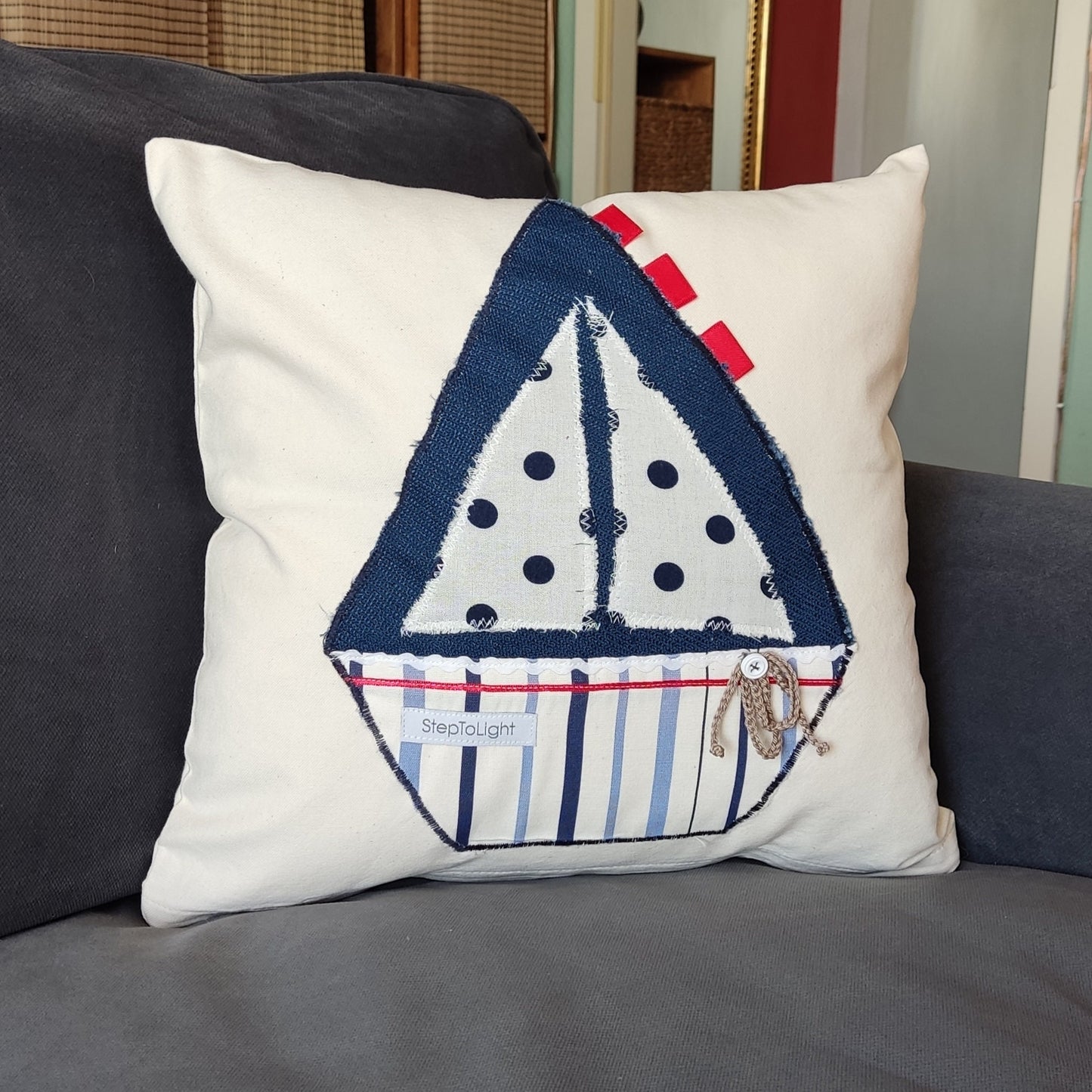 Nautical Pillow Cover Set - Red White Patchwork Sailing Boat Decor