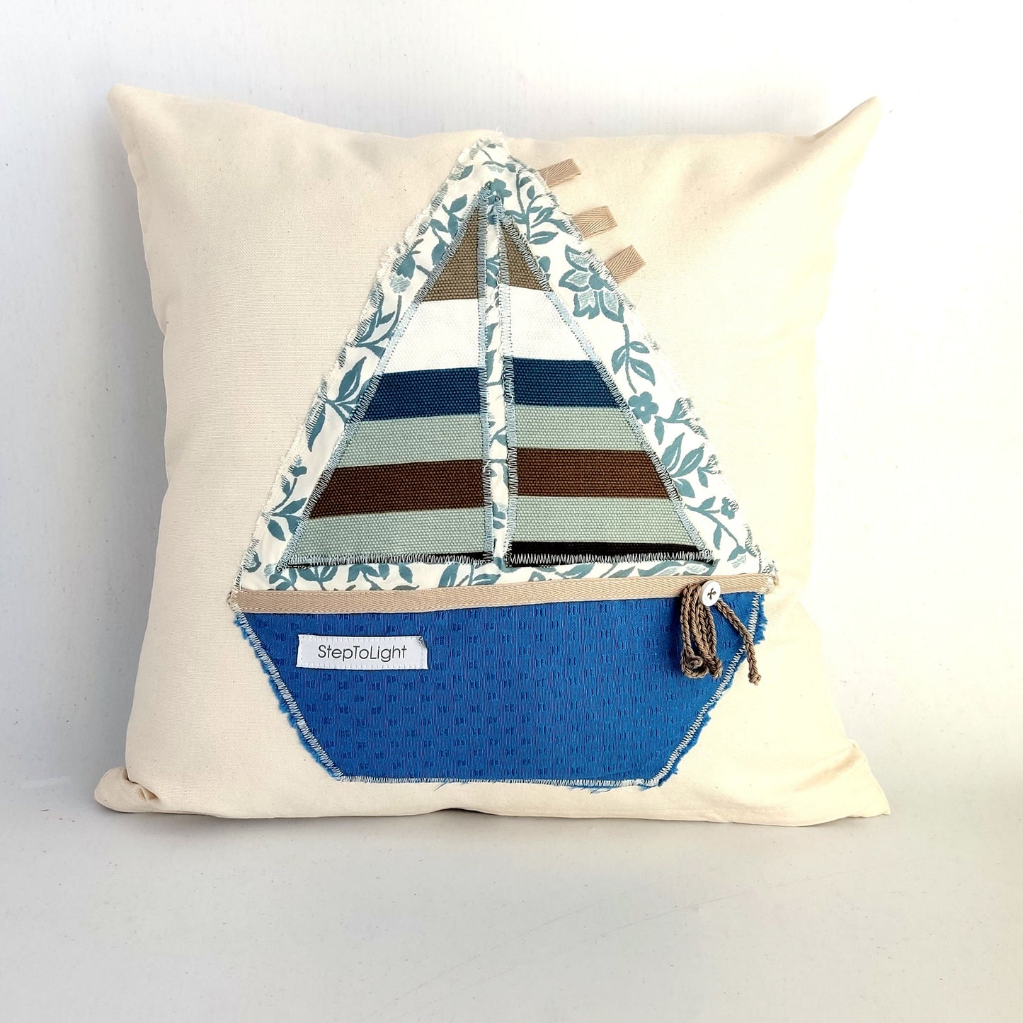 Handmade Nautical Pillow Cover - Patchwork Sailing Boat Nursery Decor
