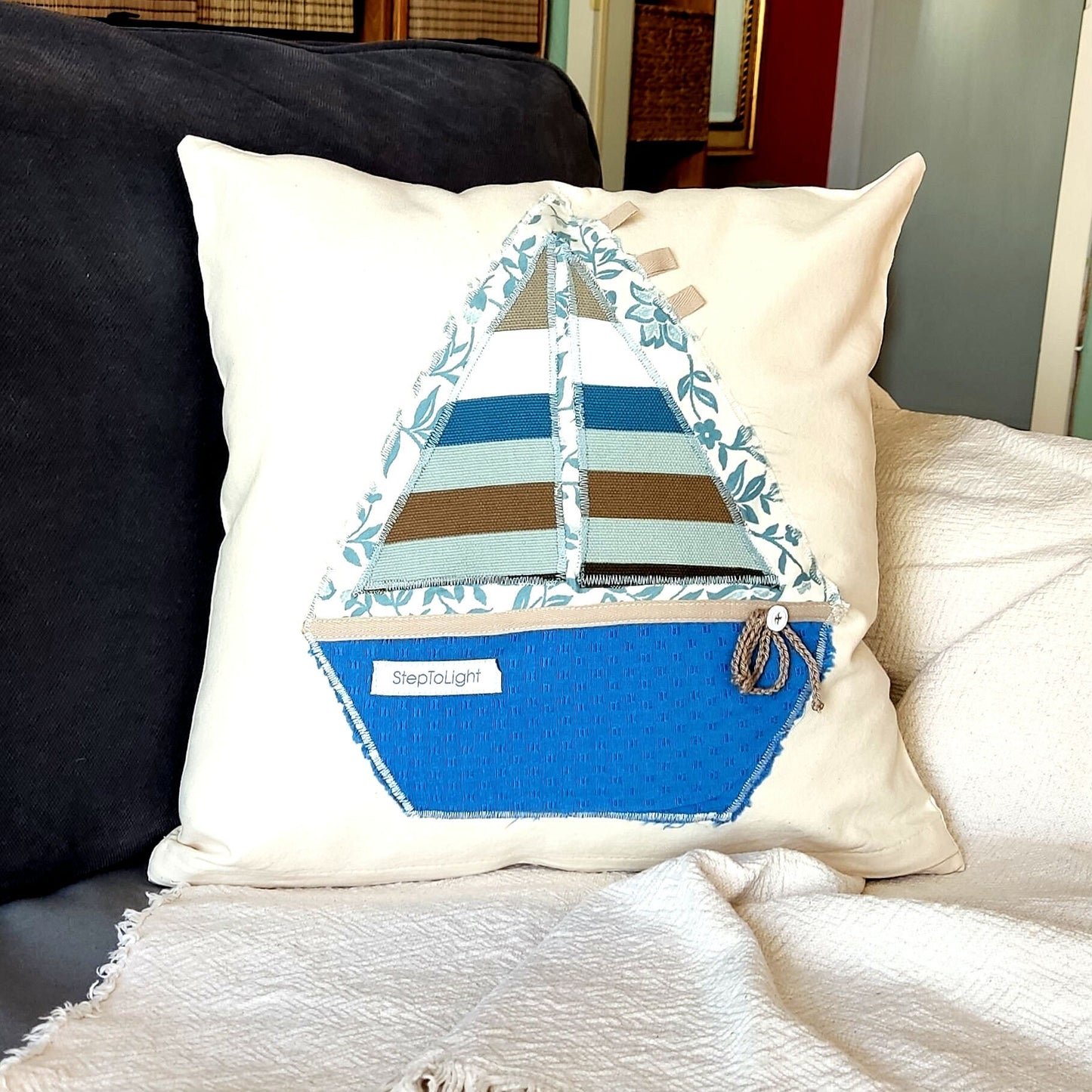 Nautical Pillow Cover Set - White Gray Patchwork Sailing Boat Coastal Decor