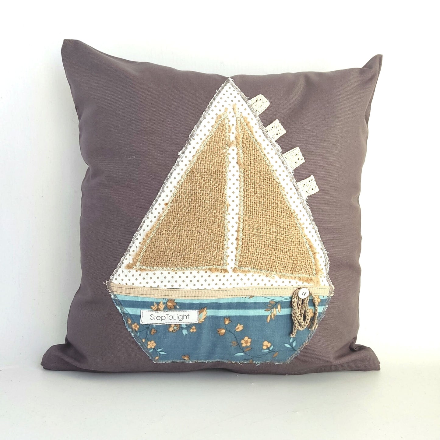 Handmade Nautical Pillow Cover - Patchwork Sailing Boat Nursery Decor